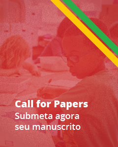 Imagem de fundo vermelho com os textos "Call for papers" e "Submeta agora seu manuscrito".